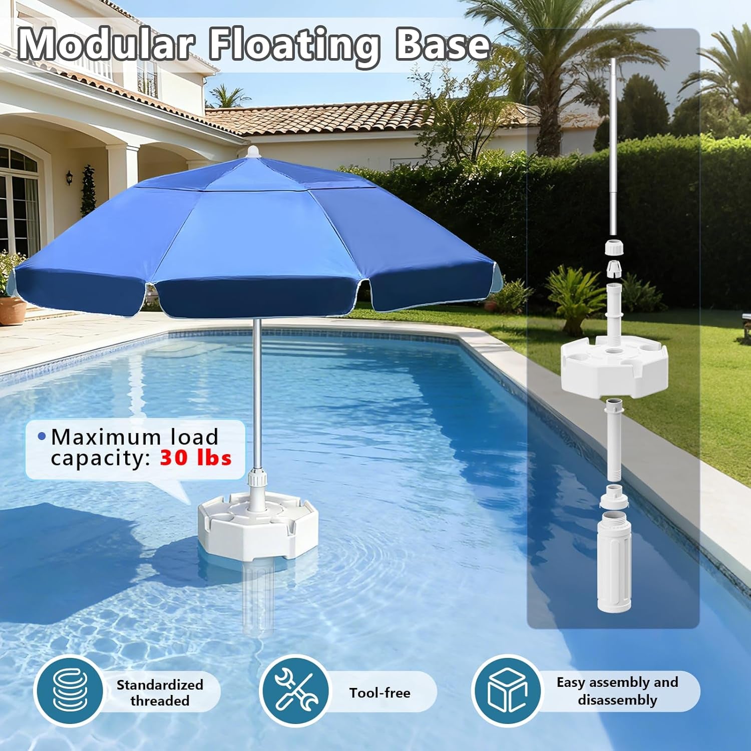 Floating Pool Umbrella, Polyester Fabric Uv-Resistant Outdoor Sunshade Umbrella for inside of Pool, Portable Floating Table with Beverage Rack, Rust-Resistant Aluminum Alloy Shaft for Manual Instant Assembly, Suitable for Swimming Pools, Beaches, and Outdoor Lakes