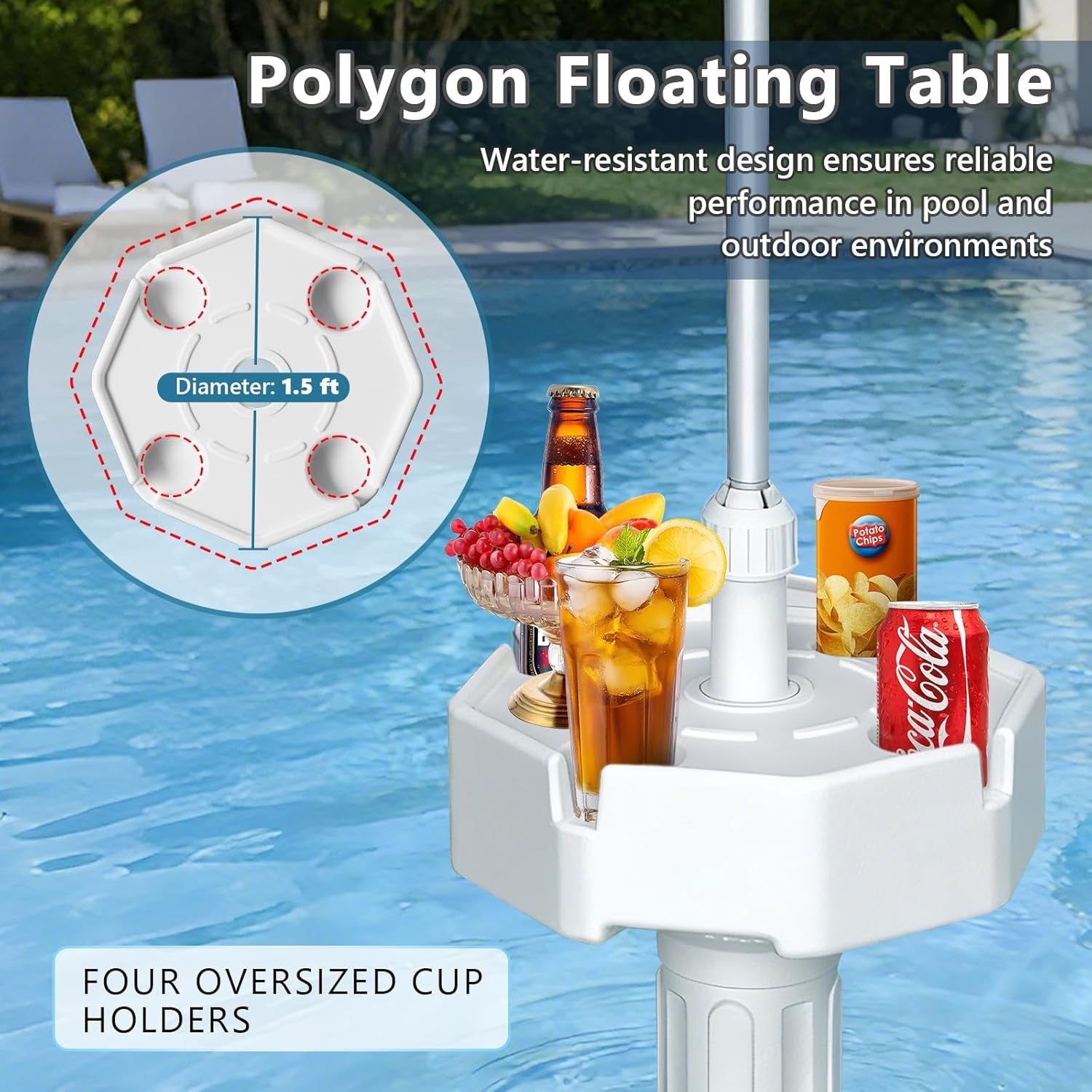 Floating Pool Umbrella, Polyester Fabric Uv-Resistant Outdoor Sunshade Umbrella for inside of Pool, Portable Floating Table with Beverage Rack, Rust-Resistant Aluminum Alloy Shaft for Manual Instant Assembly, Suitable for Swimming Pools, Beaches, and Outdoor Lakes
