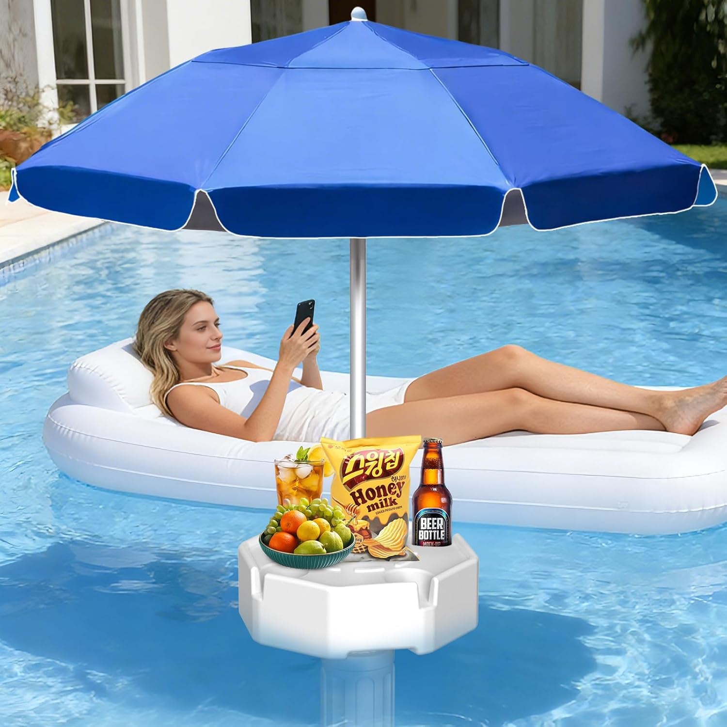 Floating Pool Umbrella, Polyester Fabric Uv-Resistant Outdoor Sunshade Umbrella for inside of Pool, Portable Floating Table with Beverage Rack, Rust-Resistant Aluminum Alloy Shaft for Manual Instant Assembly, Suitable for Swimming Pools, Beaches, and Outdoor Lakes